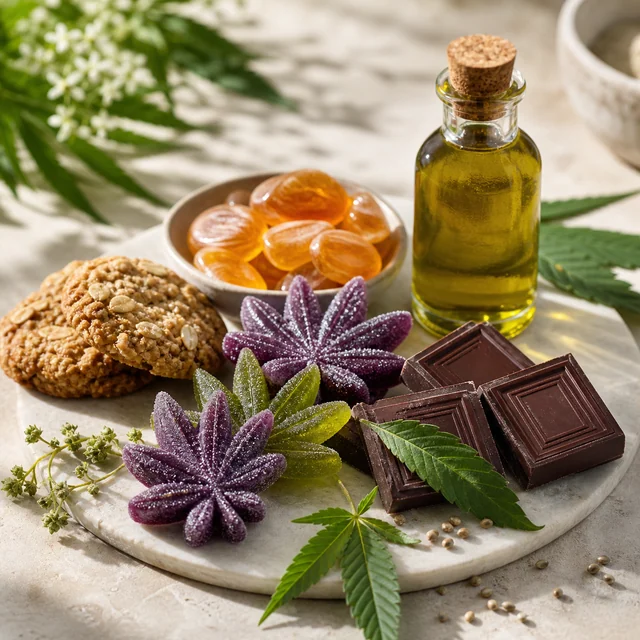 Galletas, caramelos ámbar, gominolas en forma de hoja y tabletas de chocolate junto a una botella de aceite y hojas de cannabis.