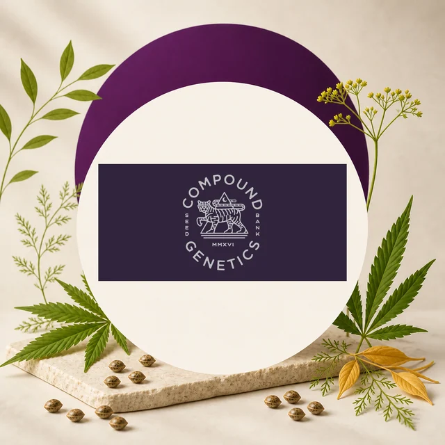 Logotipo de Compound Genetics sobre un rectángulo morado, enmarcado por un círculo claro, hojas de cannabis y semillas.