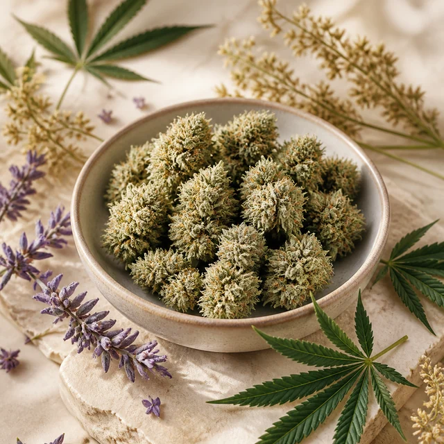 Cuenco con cogollos de cannabis sobre una base clara, rodeado de hojas dentadas y ramitas de flores moradas.