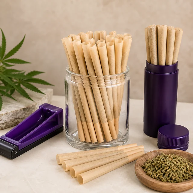 Conos de papel en un tarro transparente y un tubo morado abierto, junto a una máquina de liar y un cuenco con material vegetal. Conos de papel en un tarro transparente y un tubo morado abierto, junto a una máquina de liar y un cuenco con material vegetal.