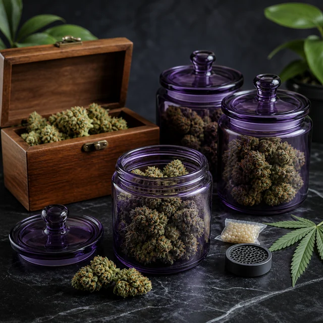 Tres tarros violetas y una caja de madera abierta con cogollos de cannabis, junto a cogollos sueltos y una hoja sobre una mesa oscura.