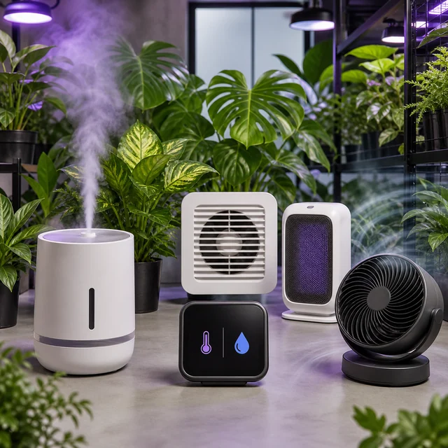 Selección de aparatos de climatización entre plantas: humidificador con vapor visible, ventiladores y pantalla con iconos de temperatura y humedad. Selección de aparatos de climatización entre plantas: humidificador con vapor visible, ventiladores y pantalla con iconos de temperatura y humedad.