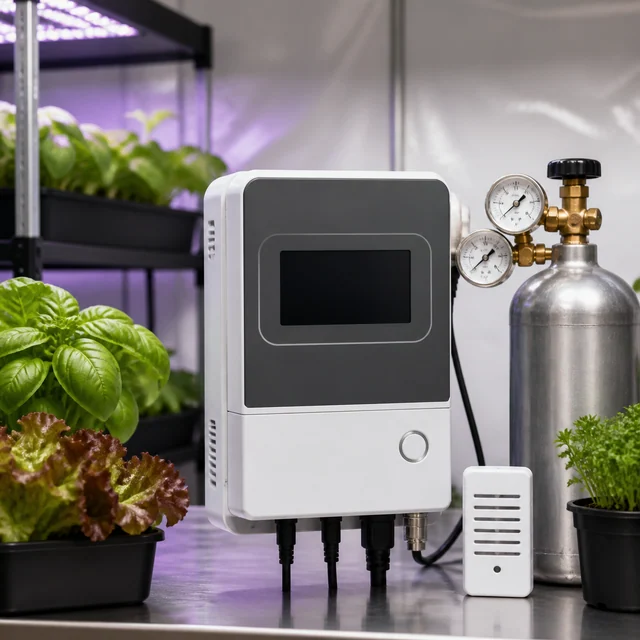 Controlador con pantalla apagada y cables junto a una botella con dos manómetros, un sensor blanco y plantas en un cultivo interior.