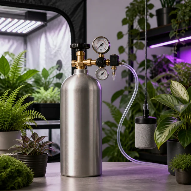 Botella plateada con regulador y dos manómetros, conectada por un tubo transparente a un cilindro colgante, entre plantas de interior.