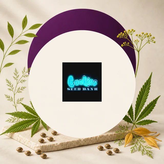 Logotipo turquesa de Cookies Seed Bank centrado en un círculo crema, con un arco morado, hojas de cannabis y semillas alrededor. Logotipo turquesa de Cookies Seed Bank centrado en un círculo crema, con un arco morado, hojas de cannabis y semillas alrededor.