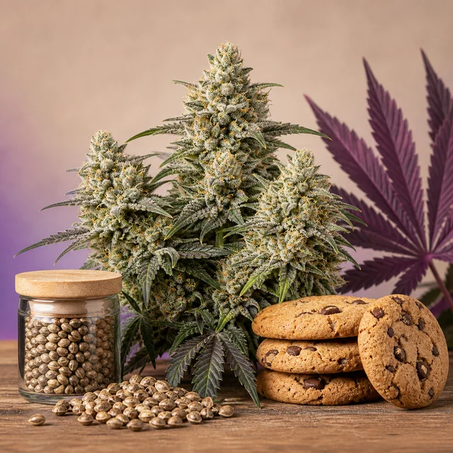 Composición con cogollos de cannabis, un tarro de semillas y semillas esparcidas junto a varias galletas con pepitas de chocolate.