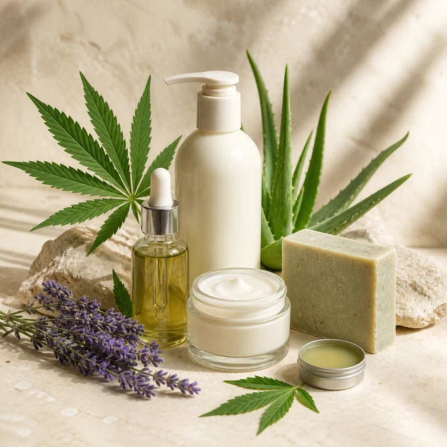 Botes de cosmética, frasco con cuentagotas, jabón y bálsamo entre hojas de cannabis, aloe y flores de lavanda. Botes de cosmética, frasco con cuentagotas, jabón y bálsamo entre hojas de cannabis, aloe y flores de lavanda.