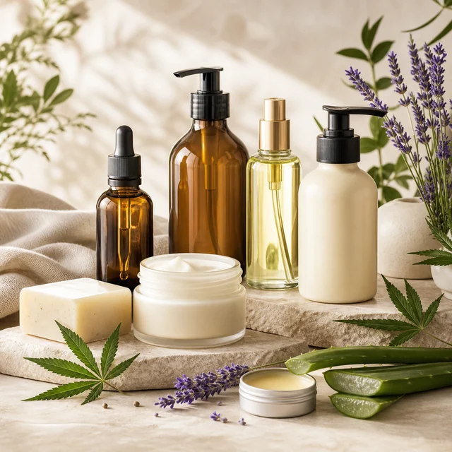 Tarro abierto de crema, jabón y frascos con dispensadores, junto a hojas de cannabis, lavanda y hojas cortadas de aloe. Tarro abierto de crema, jabón y frascos con dispensadores, junto a hojas de cannabis, lavanda y hojas cortadas de aloe.
