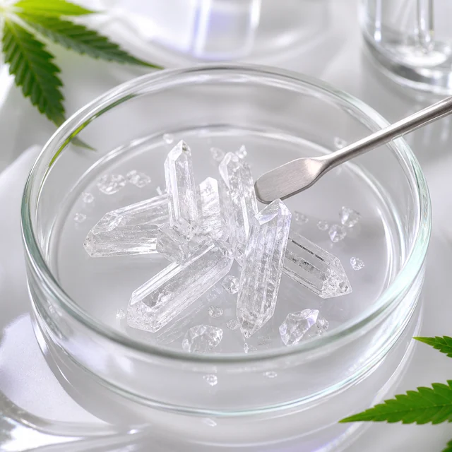 Cristales transparentes alargados en un recipiente de vidrio, con una espátula metálica y hojas dentadas alrededor.