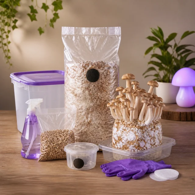 Setas sobre un bloque de sustrato en una bandeja, junto a una bolsa de cultivo, granos, pulverizador, recipiente y guantes morados. Setas sobre un bloque de sustrato en una bandeja, junto a una bolsa de cultivo, granos, pulverizador, recipiente y guantes morados.