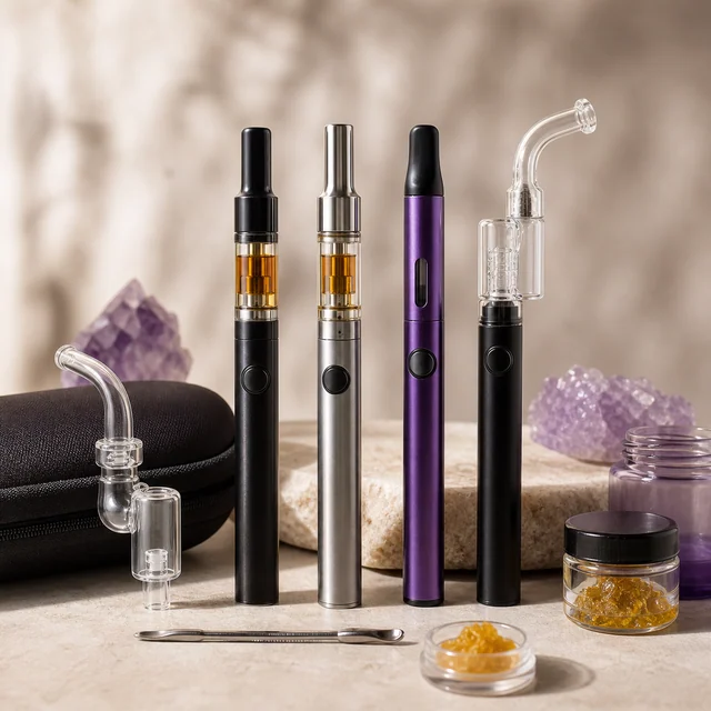 Selección de cuatro vaporizadores tipo bolígrafo con distintas boquillas, junto a accesorios transparentes y recipientes con sustancia ámbar. Selección de cuatro vaporizadores tipo bolígrafo con distintas boquillas, junto a accesorios transparentes y recipientes con sustancia ámbar.