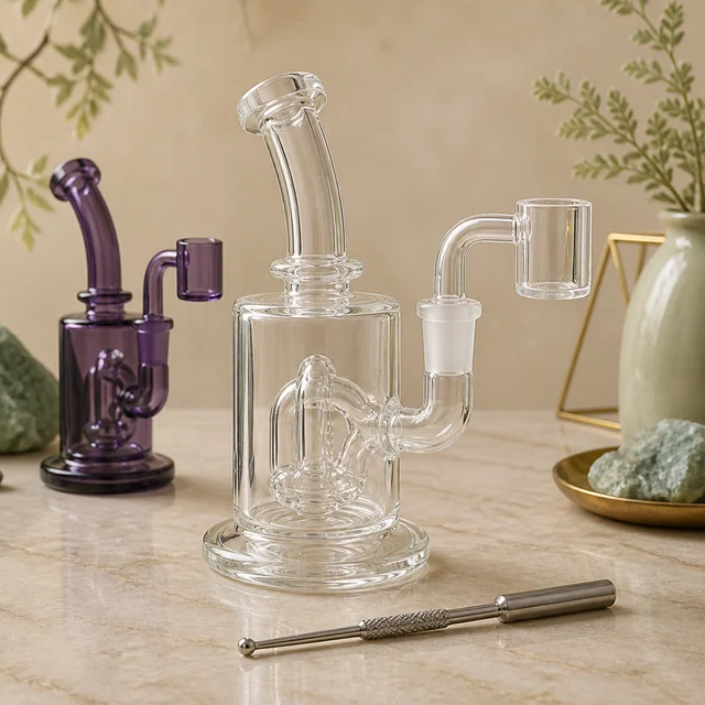 Dos pipas de dabbing, una transparente en primer plano y otra morada detrás, con una herramienta metálica sobre la mesa. Dos pipas de dabbing, una transparente en primer plano y otra morada detrás, con una herramienta metálica sobre la mesa.