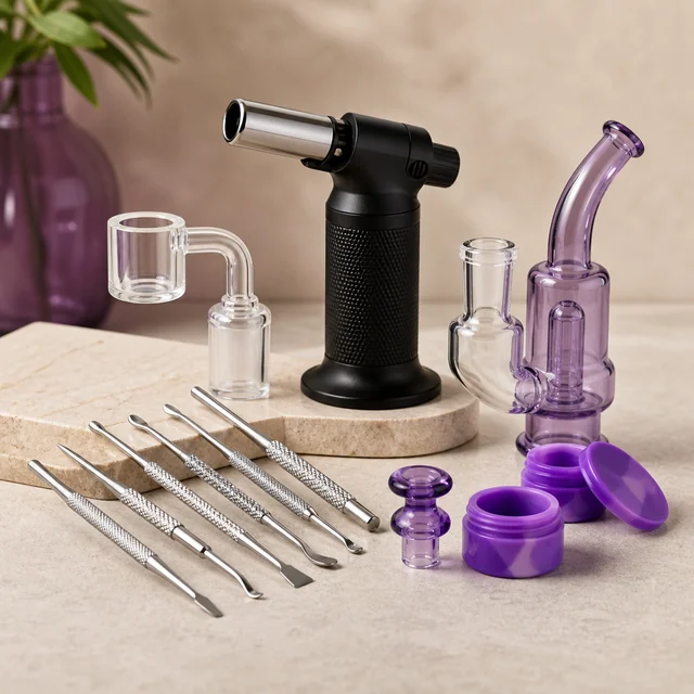 Herramientas metálicas para dabbing junto a un soplete negro, una pipa de agua violeta, una cazoleta transparente y recipientes morados.