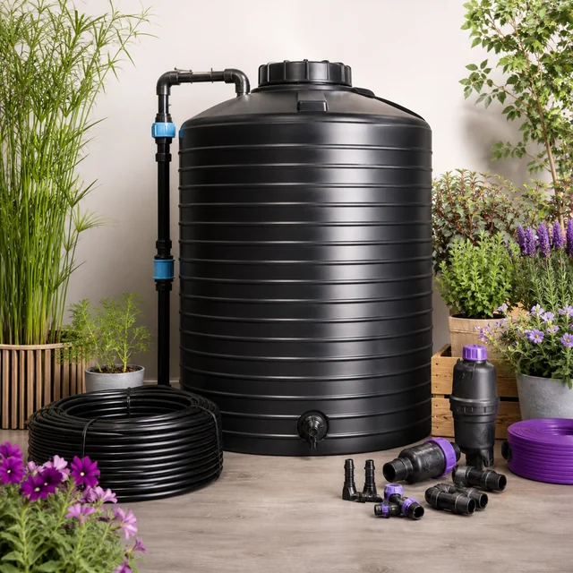 Depósito negro de agua con tapa superior y grifo inferior, junto a rollos de tubería y accesorios de conexión entre plantas. Depósito negro de agua con tapa superior y grifo inferior, junto a rollos de tubería y accesorios de conexión entre plantas.