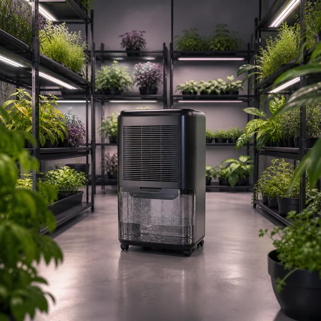 Deshumidificador negro con depósito transparente y ruedas en un pasillo entre estanterías de plantas con iluminación.