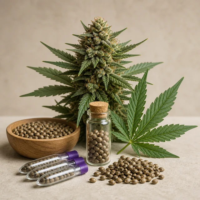 Semillas en un cuenco, un frasco y tres tubos con tapones morados, junto a una hoja de cannabis y una planta con flores al fondo.