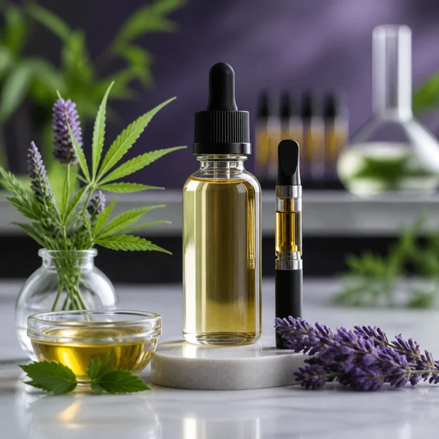 Frasco transparente con líquido dorado y cuentagotas junto a un vaporizador, flores violetas y hojas de cannabis.