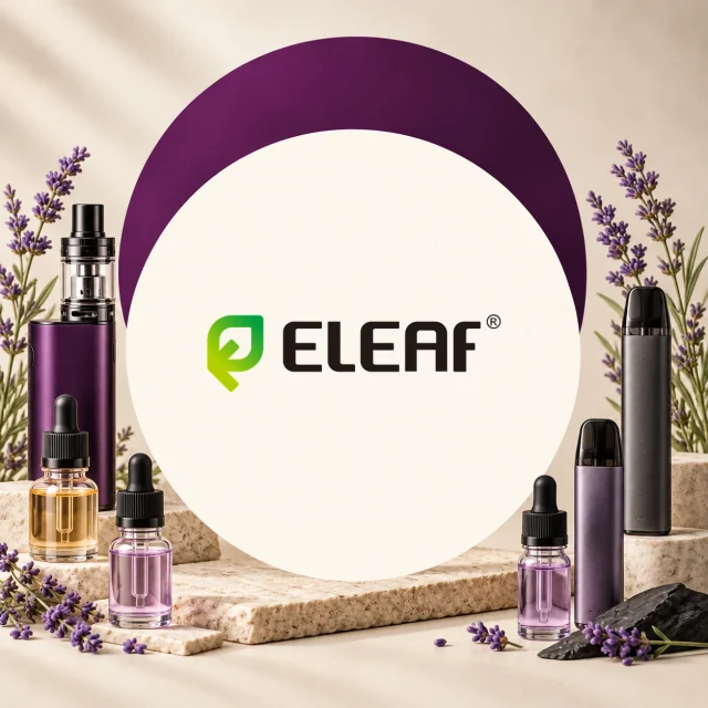Logotipo ELEAF rodeado de dispositivos de vapeo de distintos formatos y frascos con cuentagotas, entre flores de lavanda. Logotipo ELEAF rodeado de dispositivos de vapeo de distintos formatos y frascos con cuentagotas, entre flores de lavanda.