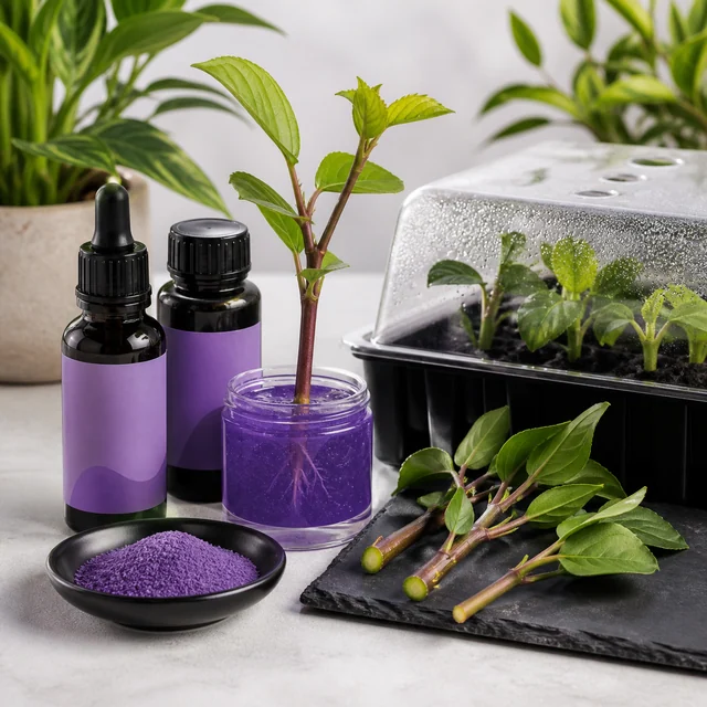 Esqueje con raíces visibles en un tarro de gel morado, junto a frascos, polvo violeta y una bandeja de plantas con tapa transparente. Esqueje con raíces visibles en un tarro de gel morado, junto a frascos, polvo violeta y una bandeja de plantas con tapa transparente.