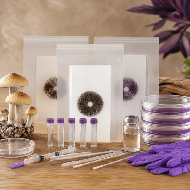 Setas junto a láminas con impresiones radiales de esporas, tubos, jeringa, placas apiladas y guantes morados sobre una mesa. Setas junto a láminas con impresiones radiales de esporas, tubos, jeringa, placas apiladas y guantes morados sobre una mesa.