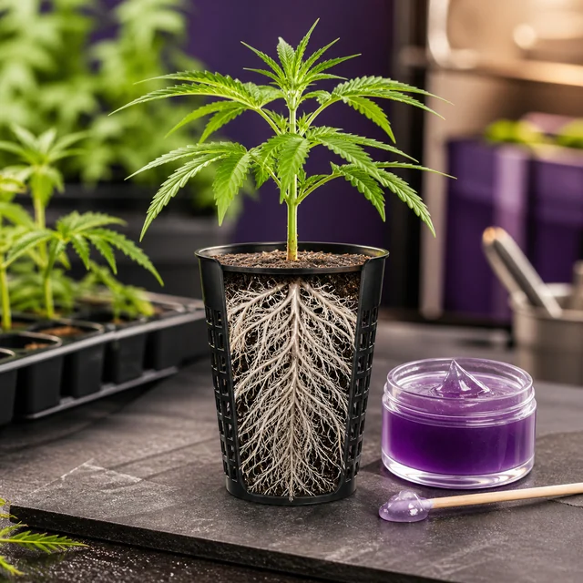 Planta de cannabis en una maceta con raíces blancas expuestas, junto a un tarro de gel morado y un aplicador sobre la mesa. Planta de cannabis en una maceta con raíces blancas expuestas, junto a un tarro de gel morado y un aplicador sobre la mesa.