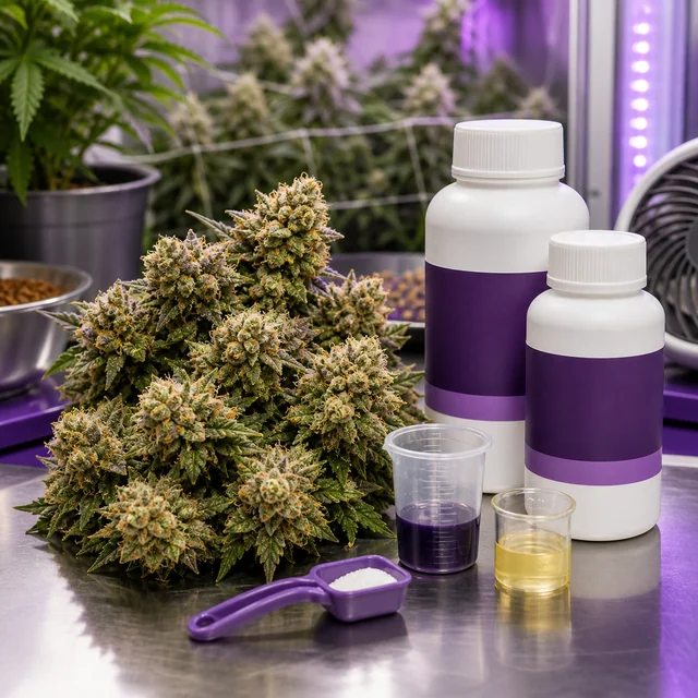 Cogollos de cannabis junto a dos botes de etiqueta morada, vasos con líquidos y una cuchara con polvo blanco en un espacio de cultivo. Cogollos de cannabis junto a dos botes de etiqueta morada, vasos con líquidos y una cuchara con polvo blanco en un espacio de cultivo.
