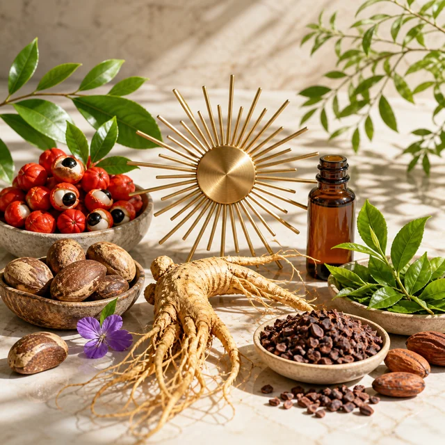 Composición con una raíz ramificada, frutos rojos abiertos, semillas, hojas, un frasco ámbar y un adorno dorado en forma de sol.