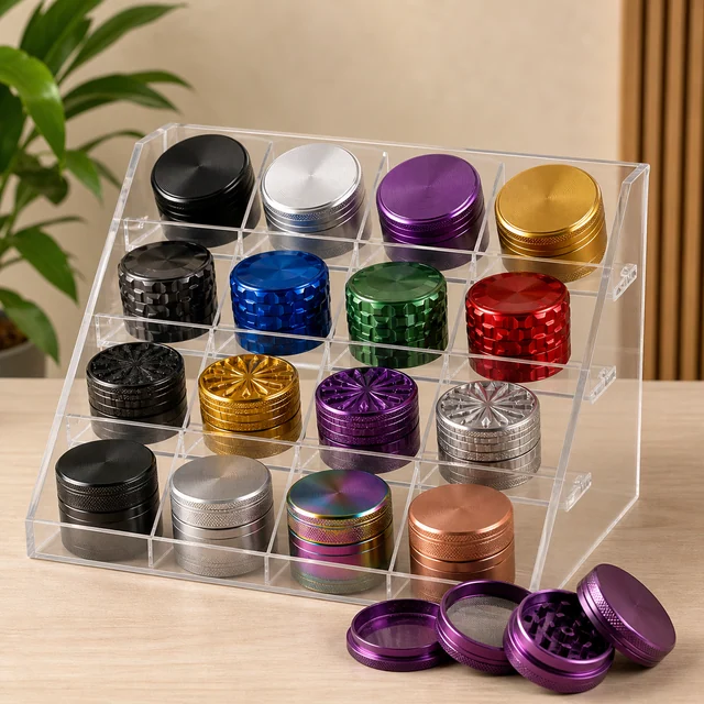 Expositor transparente escalonado con grinders de distintos colores y acabados; delante, un modelo morado desmontado. Expositor transparente escalonado con grinders de distintos colores y acabados; delante, un modelo morado desmontado.