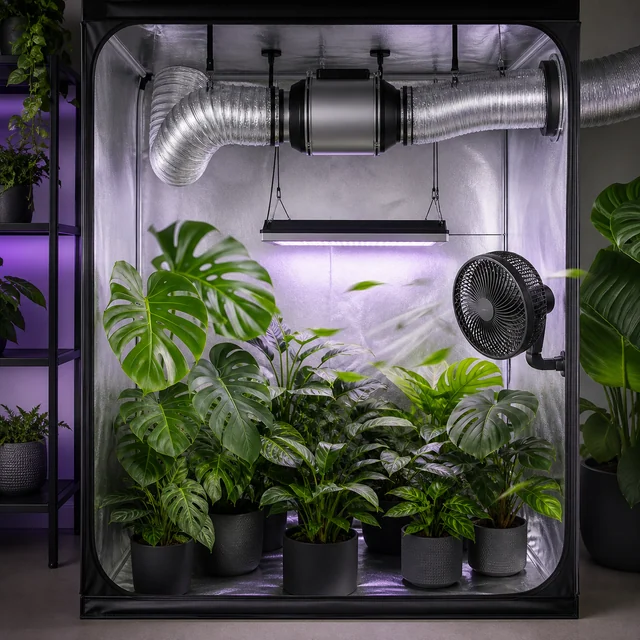 Armario de cultivo abierto con plantas, conductos plateados, extractor en la parte superior y ventilador lateral junto a una lámpara.