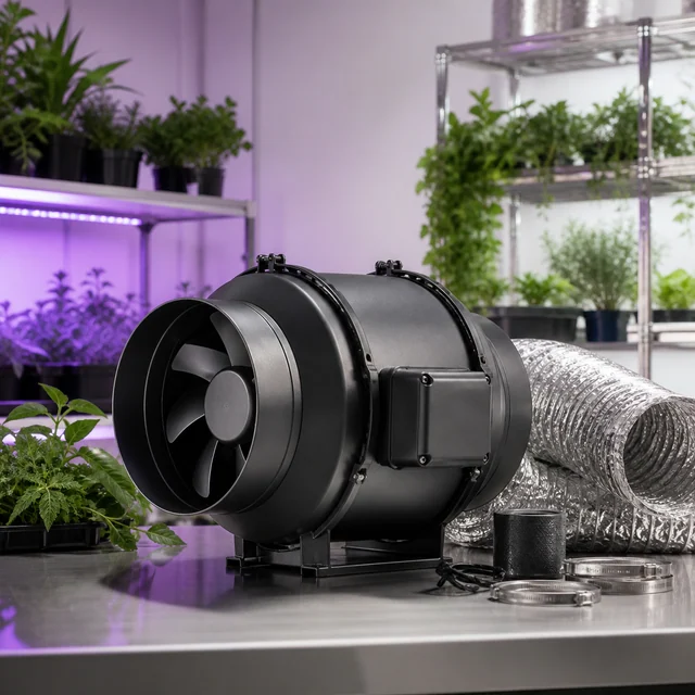 Extractor en línea negro con hélice visible, junto a conductos flexibles plateados y abrazaderas, sobre una mesa con plantas al fondo.