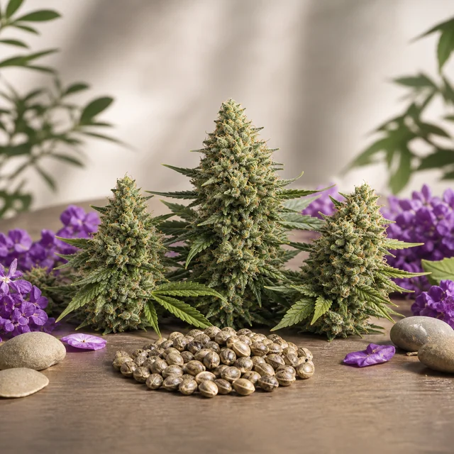 Tres cogollos de cannabis de distintos tamaños sobre una mesa, con un montón de semillas delante y flores moradas alrededor.