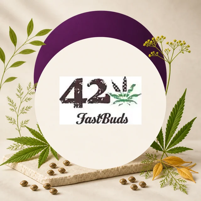 Logotipo de 420 Fast Buds en un círculo crema con arco morado, rodeado de hojas de cannabis, semillas y ramas.