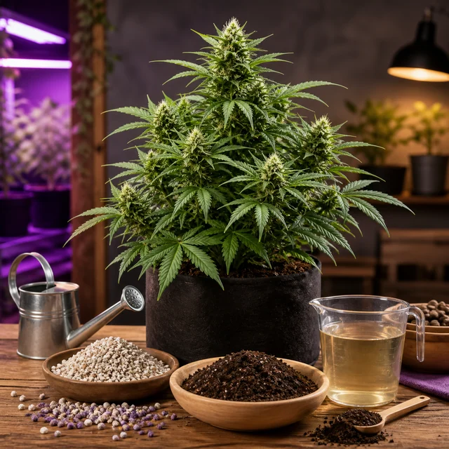 Planta de cannabis con flores en maceta, junto a cuencos de sustrato y gránulos, una regadera y una jarra con líquido.