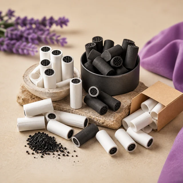 Filtros cilíndricos blancos y negros con extremos perforados, en recipientes y una caja abierta, junto a gránulos negros.