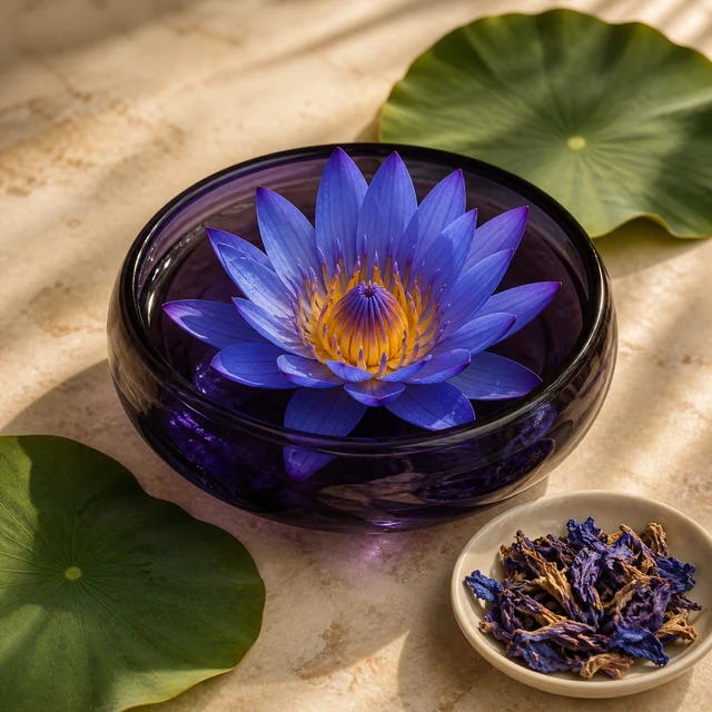Flor azul violácea con centro amarillo en un cuenco morado con agua, junto a hojas verdes y un plato de flores secas.