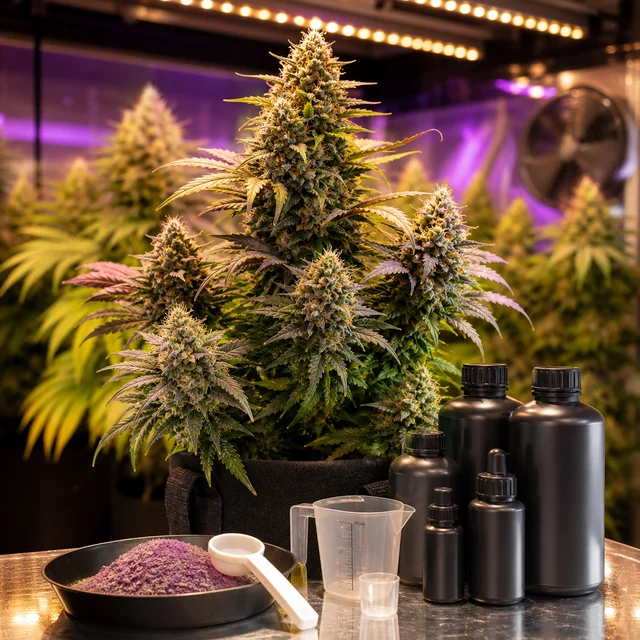Planta de cannabis con cogollos bajo luces de cultivo, junto a botes negros, polvo morado, una cuchara y recipientes medidores. Planta de cannabis con cogollos bajo luces de cultivo, junto a botes negros, polvo morado, una cuchara y recipientes medidores.