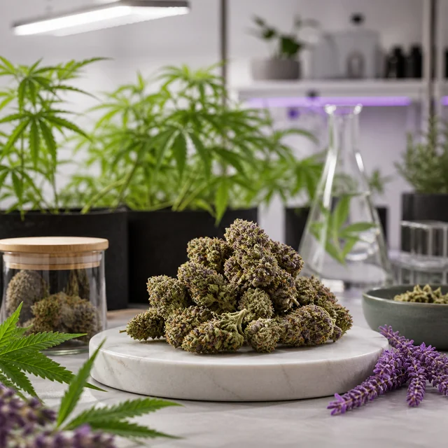 Montón de cogollos sobre una base circular blanca, con un tarro y plantas de cannabis bajo luces de cultivo al fondo.