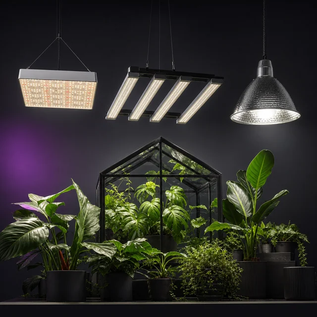 Tres tipos de lámparas de cultivo suspendidas: panel LED, barras y foco con reflector, sobre plantas y un pequeño invernadero. Tres tipos de lámparas de cultivo suspendidas: panel LED, barras y foco con reflector, sobre plantas y un pequeño invernadero.