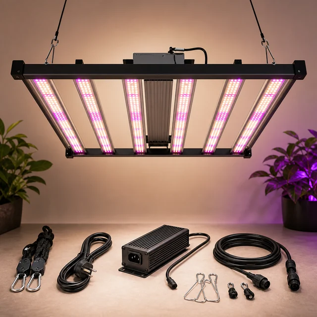 Luminaria LED de seis barras encendidas suspendida sobre una mesa con fuente de alimentación, cables, poleas y ganchos. Luminaria LED de seis barras encendidas suspendida sobre una mesa con fuente de alimentación, cables, poleas y ganchos.