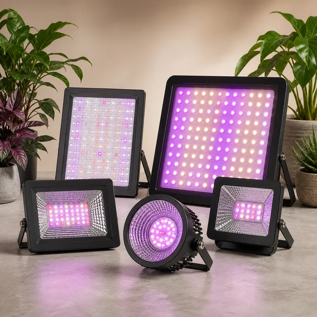 Cinco luces LED de cultivo de distintos formatos, con paneles y focos encendidos en tonos blancos y violetas entre plantas. Cinco luces LED de cultivo de distintos formatos, con paneles y focos encendidos en tonos blancos y violetas entre plantas.