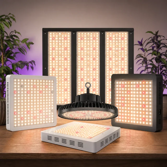 Selección de luces LED de cultivo con paneles rectangulares y una lámpara circular encendidos sobre una mesa de madera. Selección de luces LED de cultivo con paneles rectangulares y una lámpara circular encendidos sobre una mesa de madera.