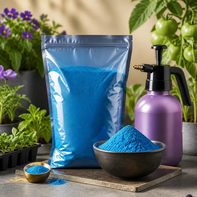 Bolsa transparente y cuenco con polvo azul junto a un pulverizador morado, rodeados de plantas y bandejas de semilleros.