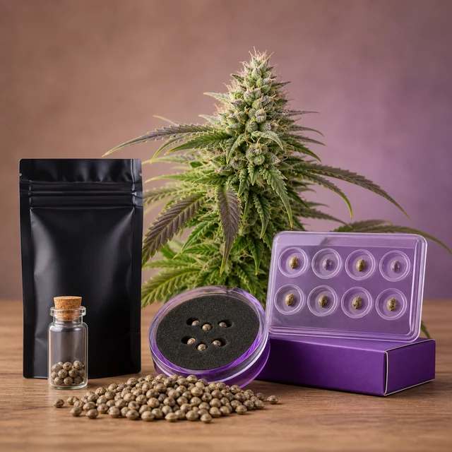 Semillas sueltas, un frasco, una bolsa negra y estuches morados con semillas, delante de una planta de cannabis con flores. Semillas sueltas, un frasco, una bolsa negra y estuches morados con semillas, delante de una planta de cannabis con flores.
