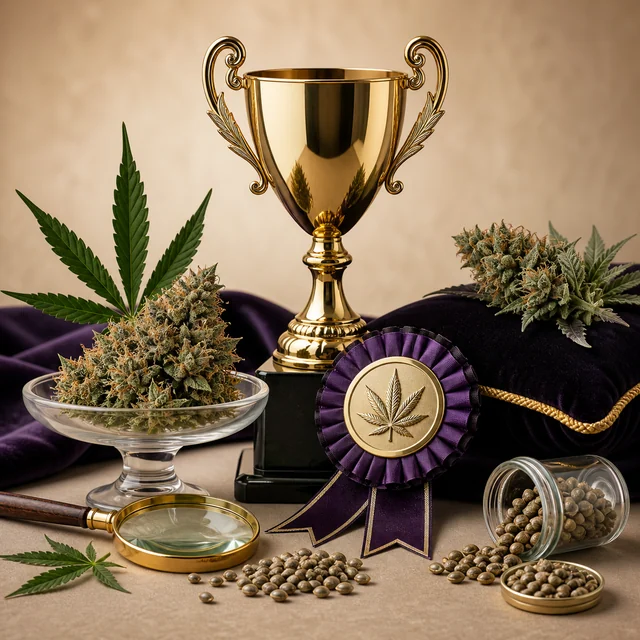 Copa dorada y escarapela morada con una hoja de cannabis, rodeadas de cogollos, semillas, un frasco volcado y una lupa.