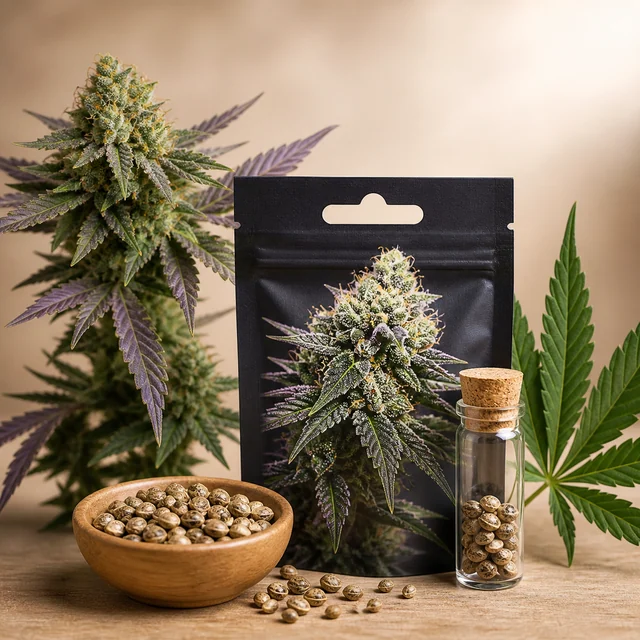 Bolsa negra con un cogollo impreso, junto a un cuenco y un frasco con semillas, entre hojas y flores de cannabis.