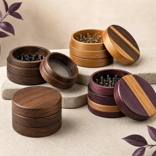 Selección de grinders de madera en tonos marrones y morados, abiertos y cerrados, con dientes metálicos y una pieza con malla visibles. Selección de grinders de madera en tonos marrones y morados, abiertos y cerrados, con dientes metálicos y una pieza con malla visibles.