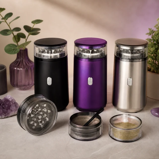 Tres grinders eléctricos cilíndricos en negro, morado y plateado, con piezas abiertas, tamiz y una pequeña espátula delante. Tres grinders eléctricos cilíndricos en negro, morado y plateado, con piezas abiertas, tamiz y una pequeña espátula delante.
