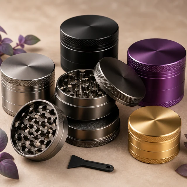Grinders de acabado metálico en negro, plateado, morado y dorado; varios abiertos muestran sus dientes, junto a una pequeña rasqueta negra.