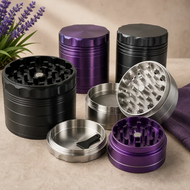 Grinders negros, morados y plateados, con modelos cerrados y piezas desmontadas que muestran dientes, tamiz y una pequeña espátula. Grinders negros, morados y plateados, con modelos cerrados y piezas desmontadas que muestran dientes, tamiz y una pequeña espátula.