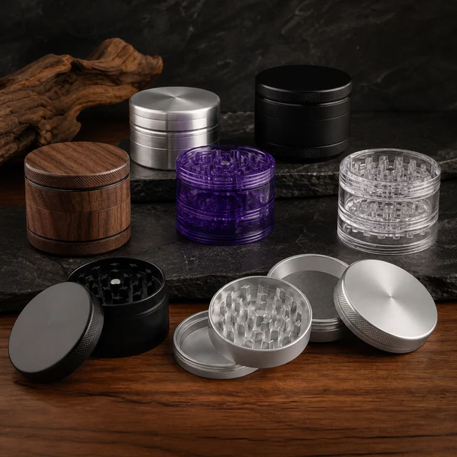 Selección de grinders negros, plateados, morado, transparente y de acabado marrón, algunos abiertos con los dientes visibles.